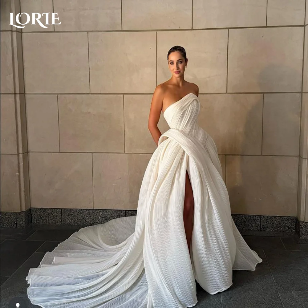 LORIE Tulle Pleats Wedding Dresses A-Line Strapless Slit Bridal Gown Sleeveless Crepe Customized Party Gown vestido de noiva