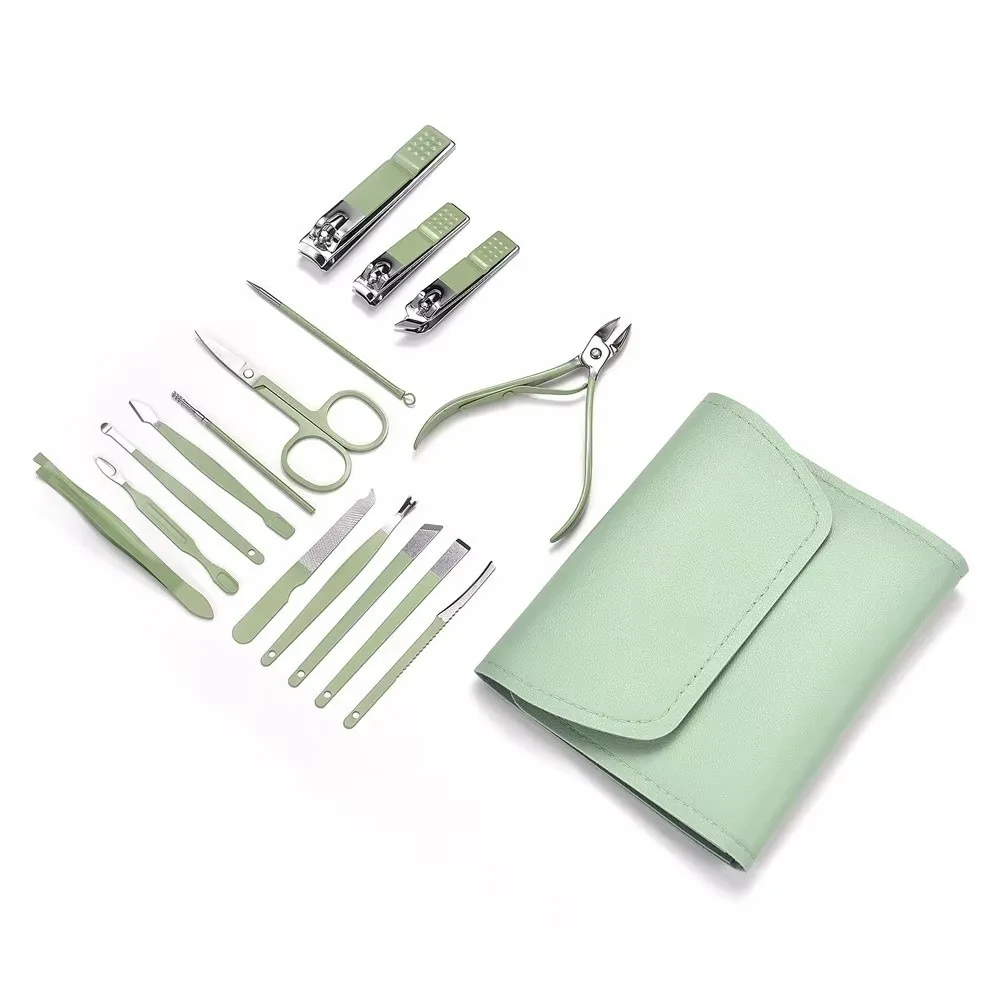 

16Pcs Stainless Steel Professional Nail Clippers Set PU Bag Matcha Green Pedicure Set With Travel Case Purple Nail Tools Set