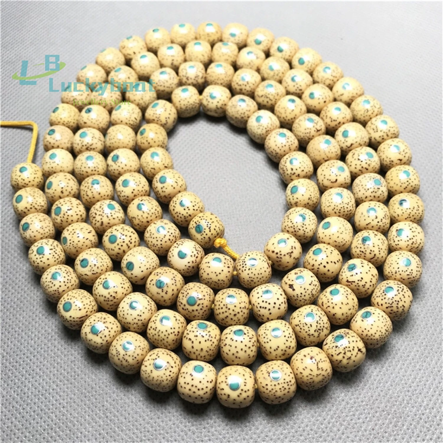 Natural Golden Seed Chicken Oil Yellow Star Moon Bodhisattva Grape 108 Buddha Bead Bracelet with Silver Tube Multi Treasure Turq