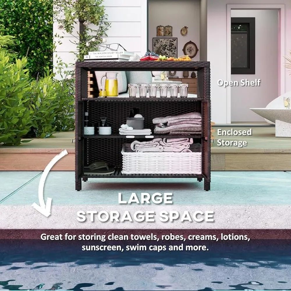 라탄 야외 바 테이블 (아카시아 나무 상판, 양문형 도어 및 선반 포함), 테라스 및 뒤뜰에 적합