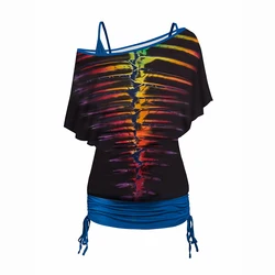 Dressfo Women's Tops Colorful Skeleton Print Oblique Shoulder T-shirt And Cinched V Neck Spaghetti Strap Camisole Two Piece Set
