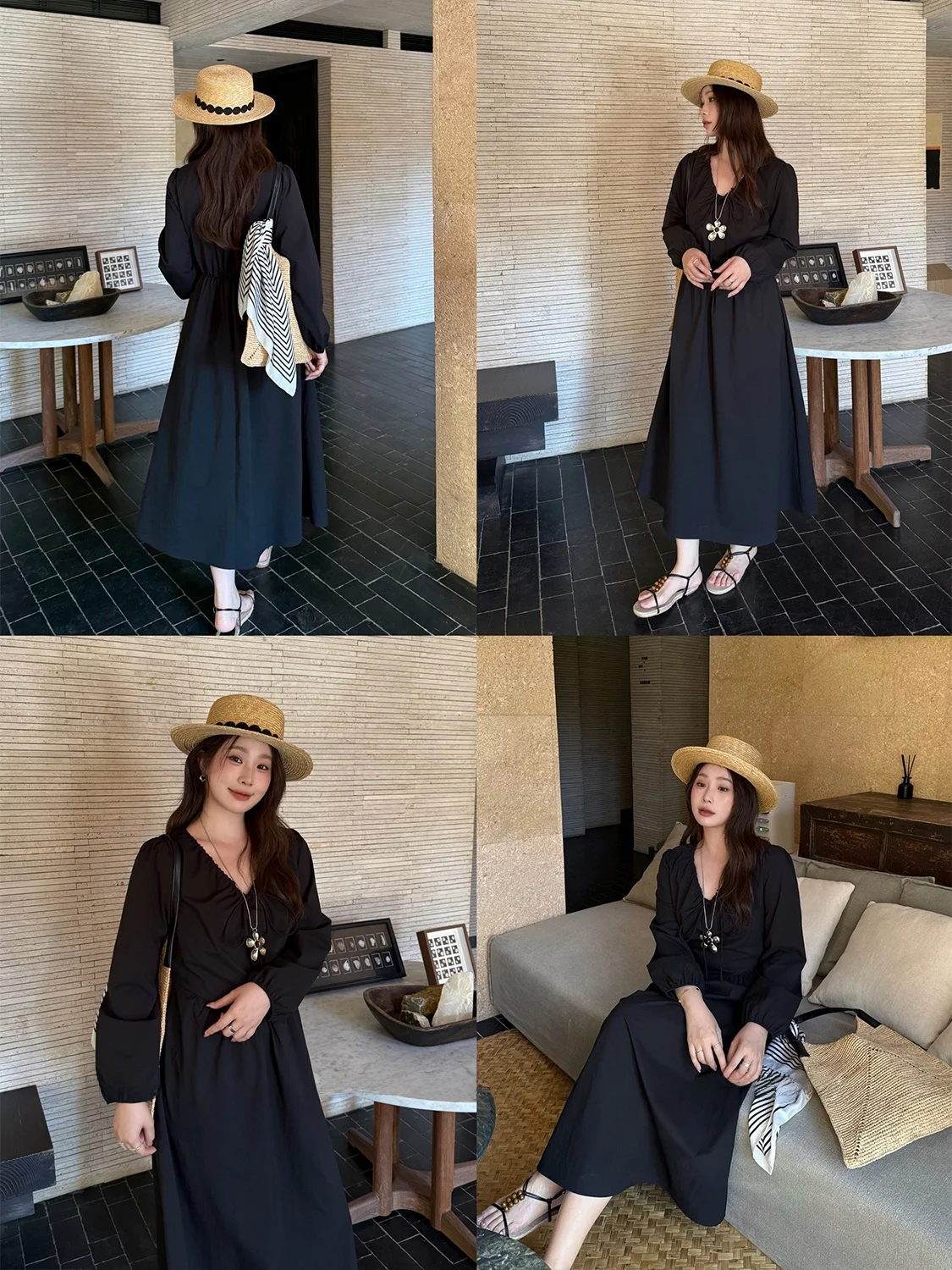 

plus Size Women's Dress Side Zipper Regular Shoulder Casual V-Neck Long Sleeve Polyester Fiber Splice Skirt for Ladies