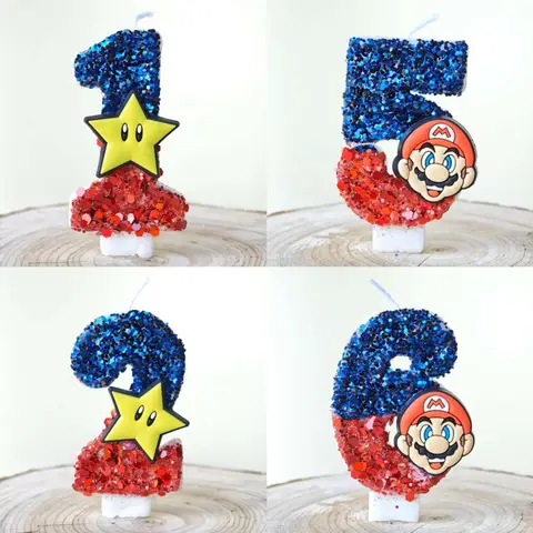 3D New Super Mario Cartoon Theme Number 0-9 Birthday Cake Candles Holiday Party Cake Sequin Candles Baby Shower Gift