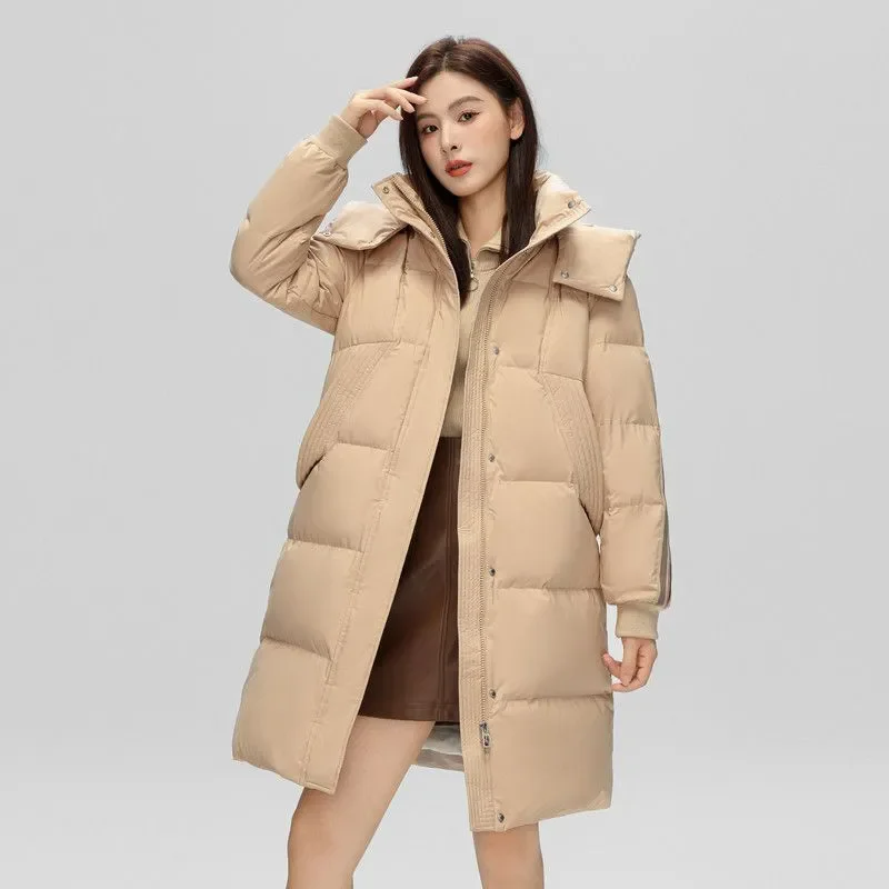 Korean Women Mid‑Length Winter Puffer Coat Removable Hood Side Vertical Quilt Detail Loose Warm Casual Down Outerwear