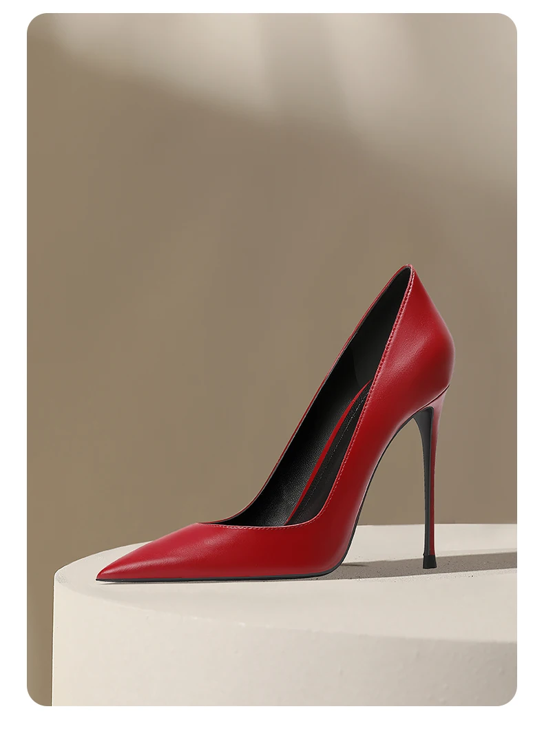 Temperament Pointed Wine Red High Heels Women's Soft Leather Single Shoes Shallow Mouth New Fashionable High Heels Single Shoes
