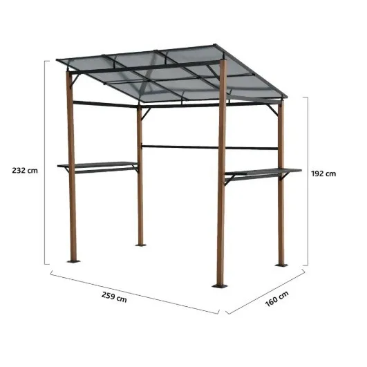 Instalasi barbekyu rumah di taman, tenda kecil, oven luar ruangan, kanopi pelindung matahari dan hujan, besi tempa