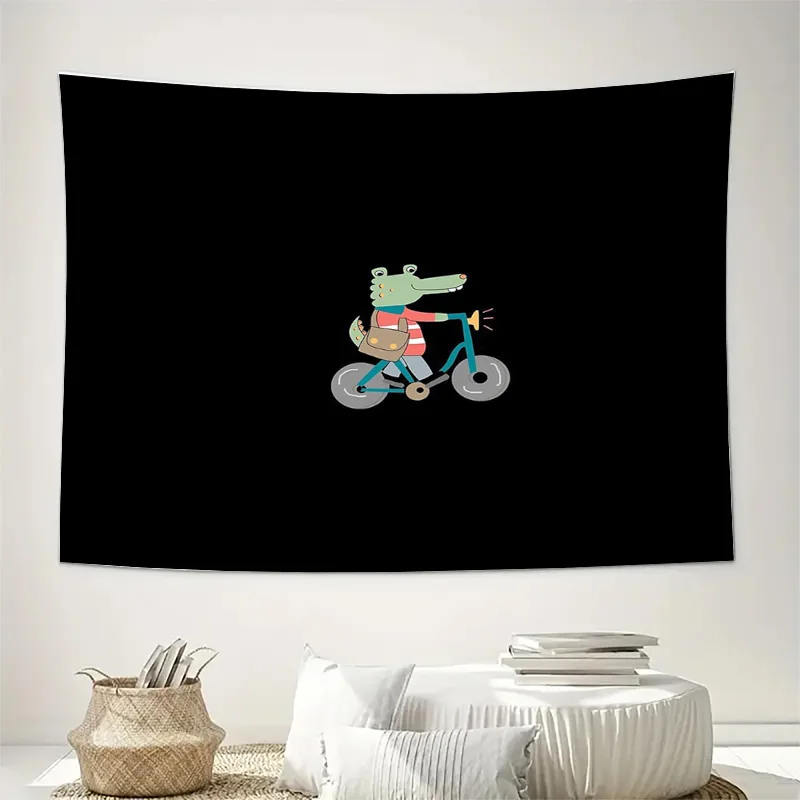 Cartoon Alligator Cycling Tapestry Wall Hanging Anime Home Decor Room Aesthetic College Dorm Wall Art Vintage Bicycle Gift