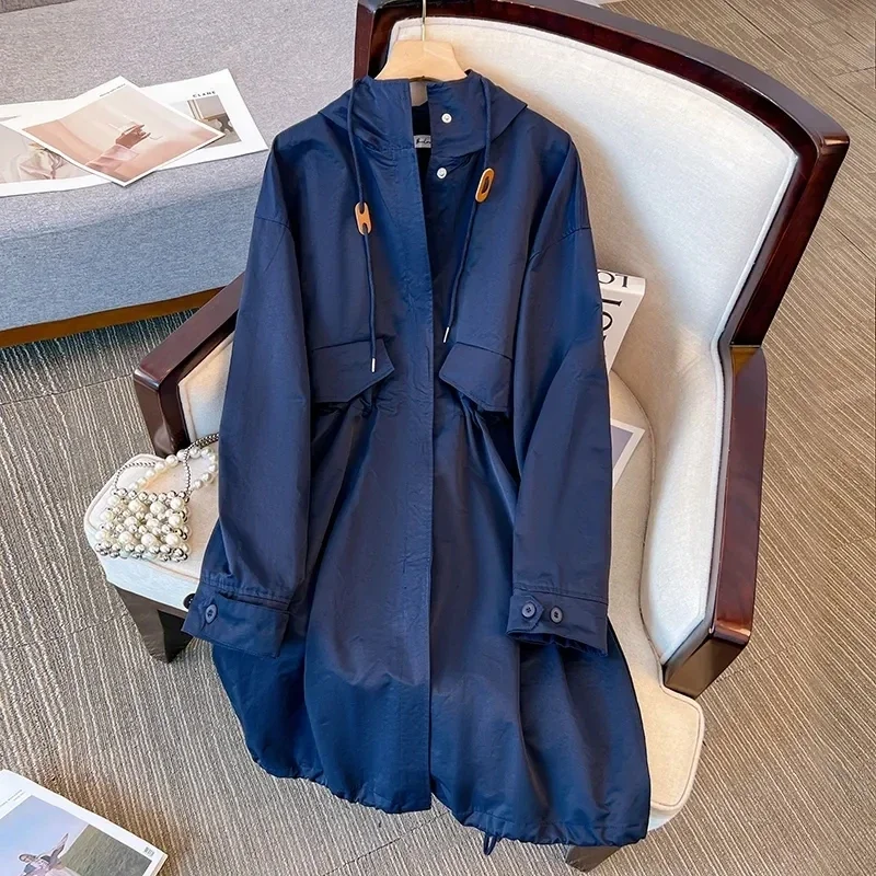 

Autumn Korean Mid-length Stand Collar Hooded Drawstring Waist Windbreaker Women Casual Long Sleeve Trench Coat Khaki Gray Navy