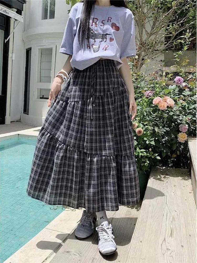 

Retro Korean High Waist Plaid Color Blo Women's Skirt Dstring Versatile Slimming A-Line Skirt Casual Sle