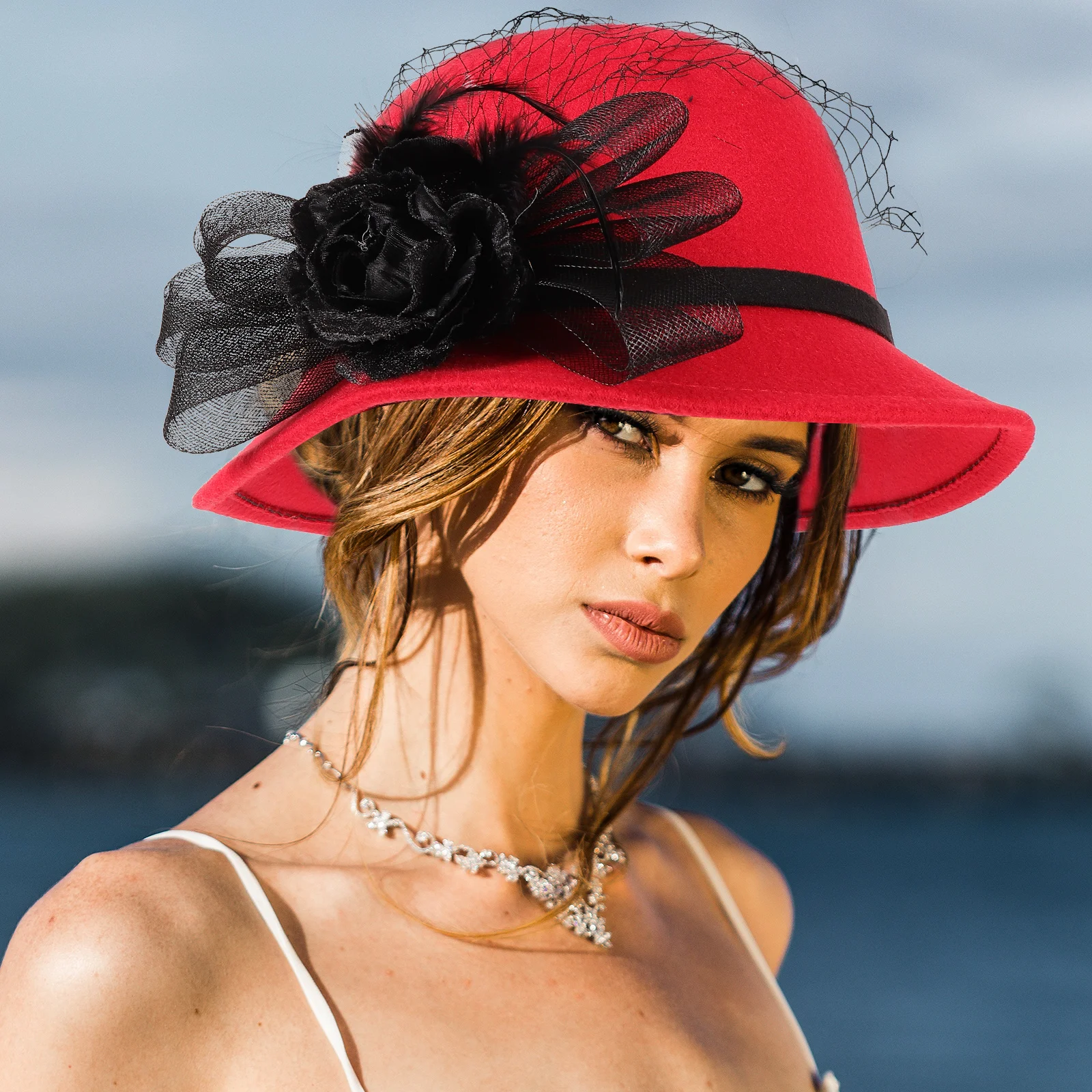 

Gauze Fascinators Hats Lightweight Red Mesh Bonnets Veil Flower Design Wedding Sun Protection Hat Tea Accessories