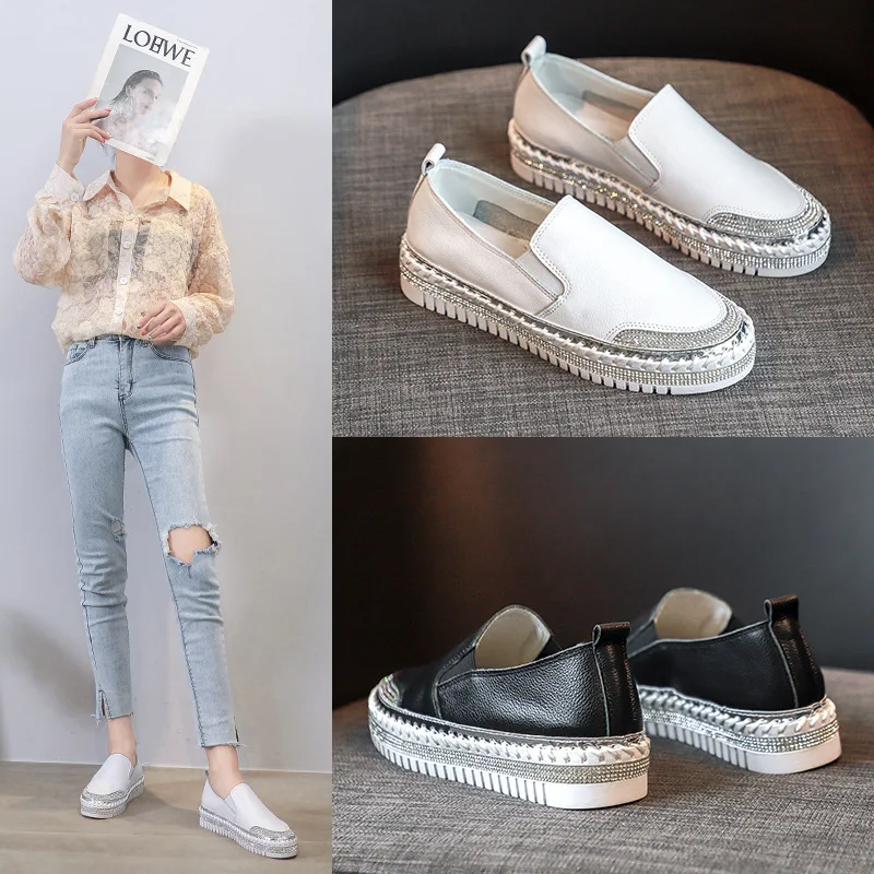 

Summer New Women's Thick Bottom Leather Single Shoes with Diamond Casual Loafers All-Match Flat Heel Rubber Outsole