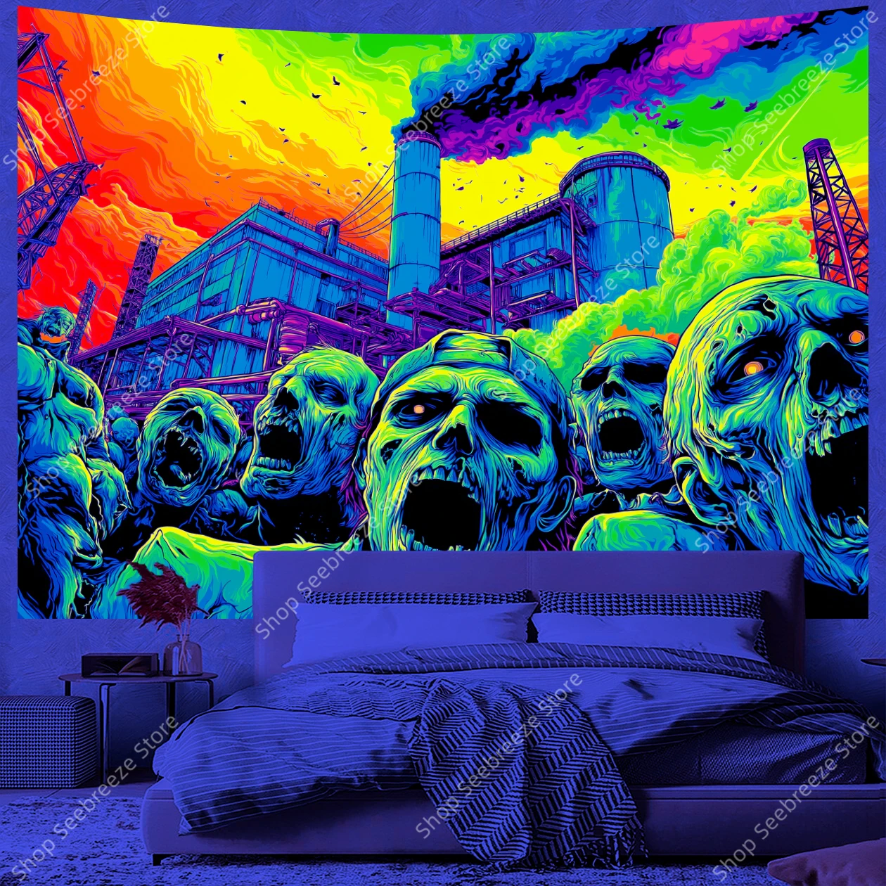 Zombie Apocalypse UV Tapestry Industrial Horror Scene with Glowing Eyes and Fire Background for Bedroom Wall Office Decor