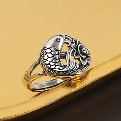 Retro Fashion Trend Koi Fish Ring Women's Open Adjustable Carp Ring Old Geometric Niche Party Banquet Exquisite Accessories