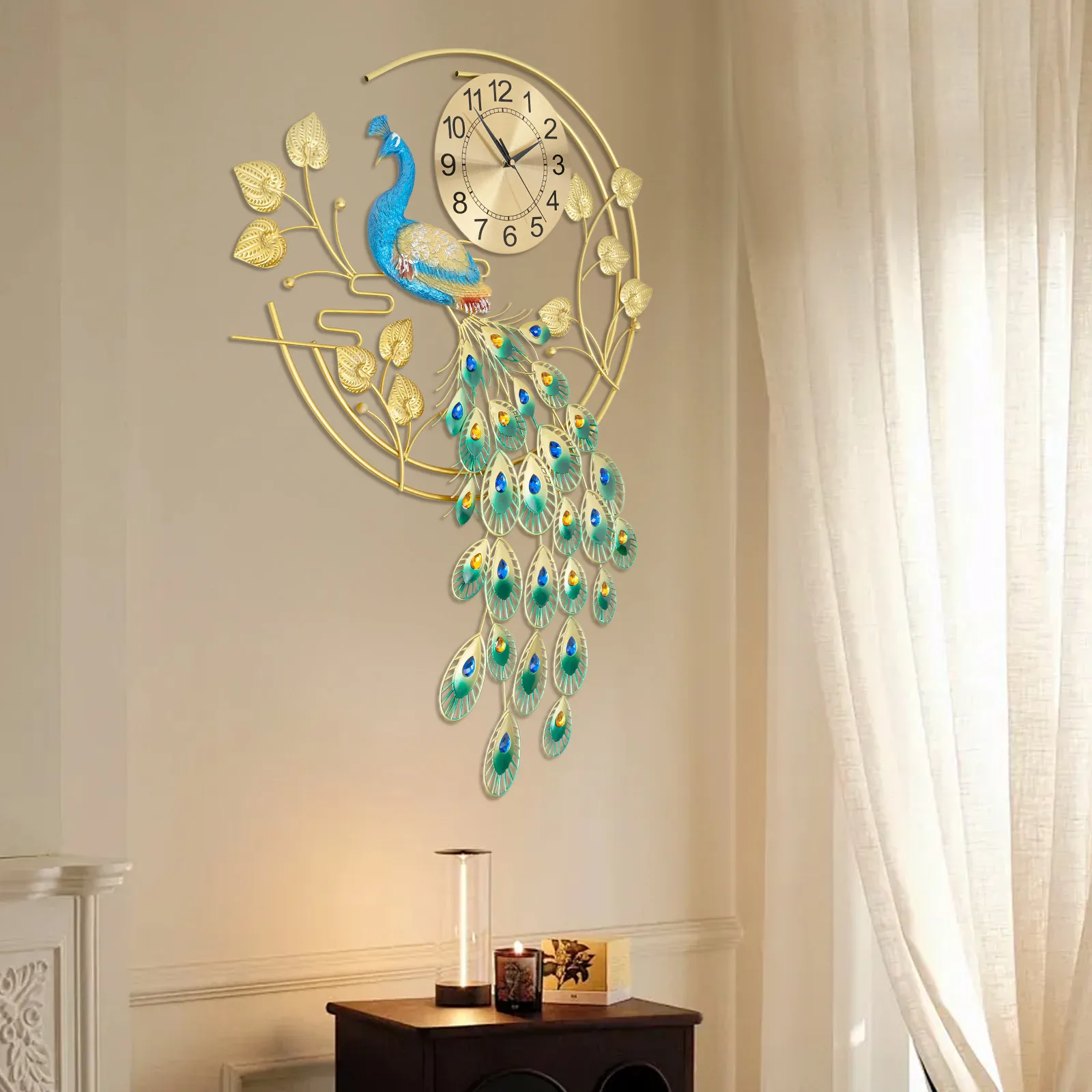 

Настенные часы с павлином для декора гостиной, современные роскошные настенные часы, бесшумные нетикающие настенные часы на батарейках (не входит в комплект)