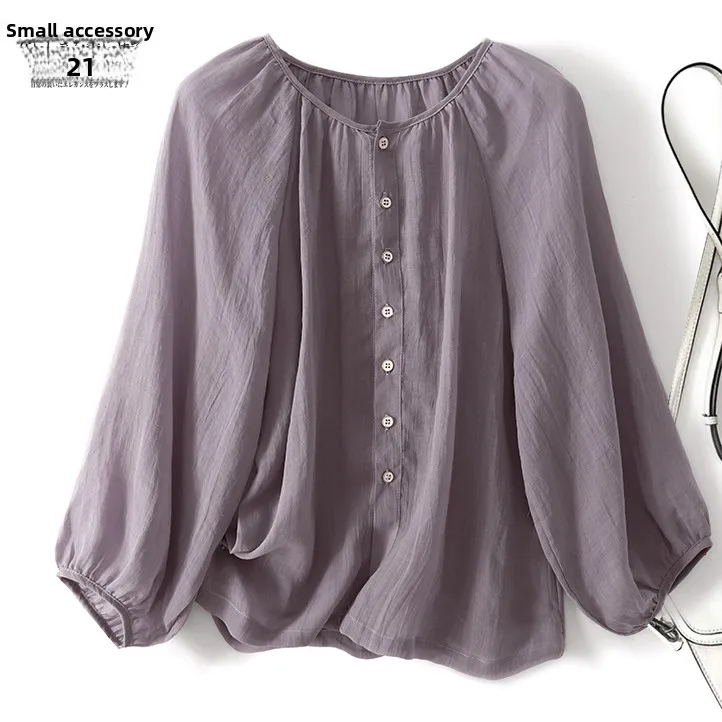 New High-quality Linen Round-neck Loose-fit Women's Shirt Half-sleeve Sun-protective Fashionable Summer Clothing