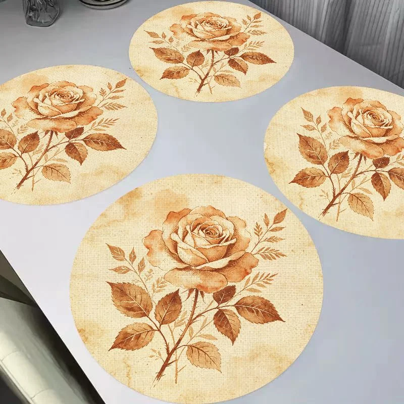 VIKAMA Retro Vintage Vintage Rose Round Linen Placemat Heat-Insulating And Wear-Resistant Dining Table Mat Desktop Decoration