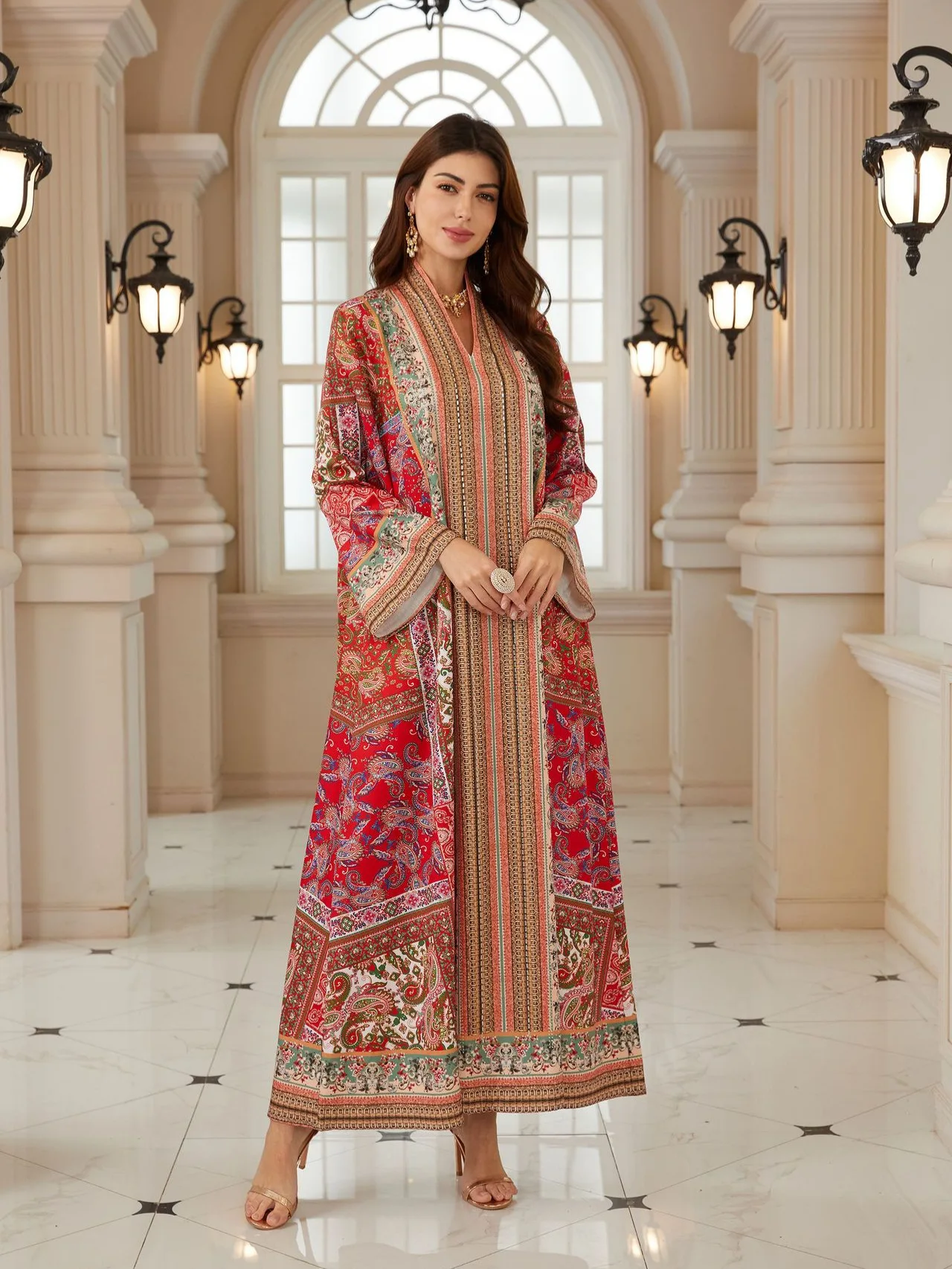 

Muslim Printed Floral Pullover Abaya Dubai Modest Open Front Abaya Long Sleeve Evening Elegant Abaya Luxury Galabia Kaftan