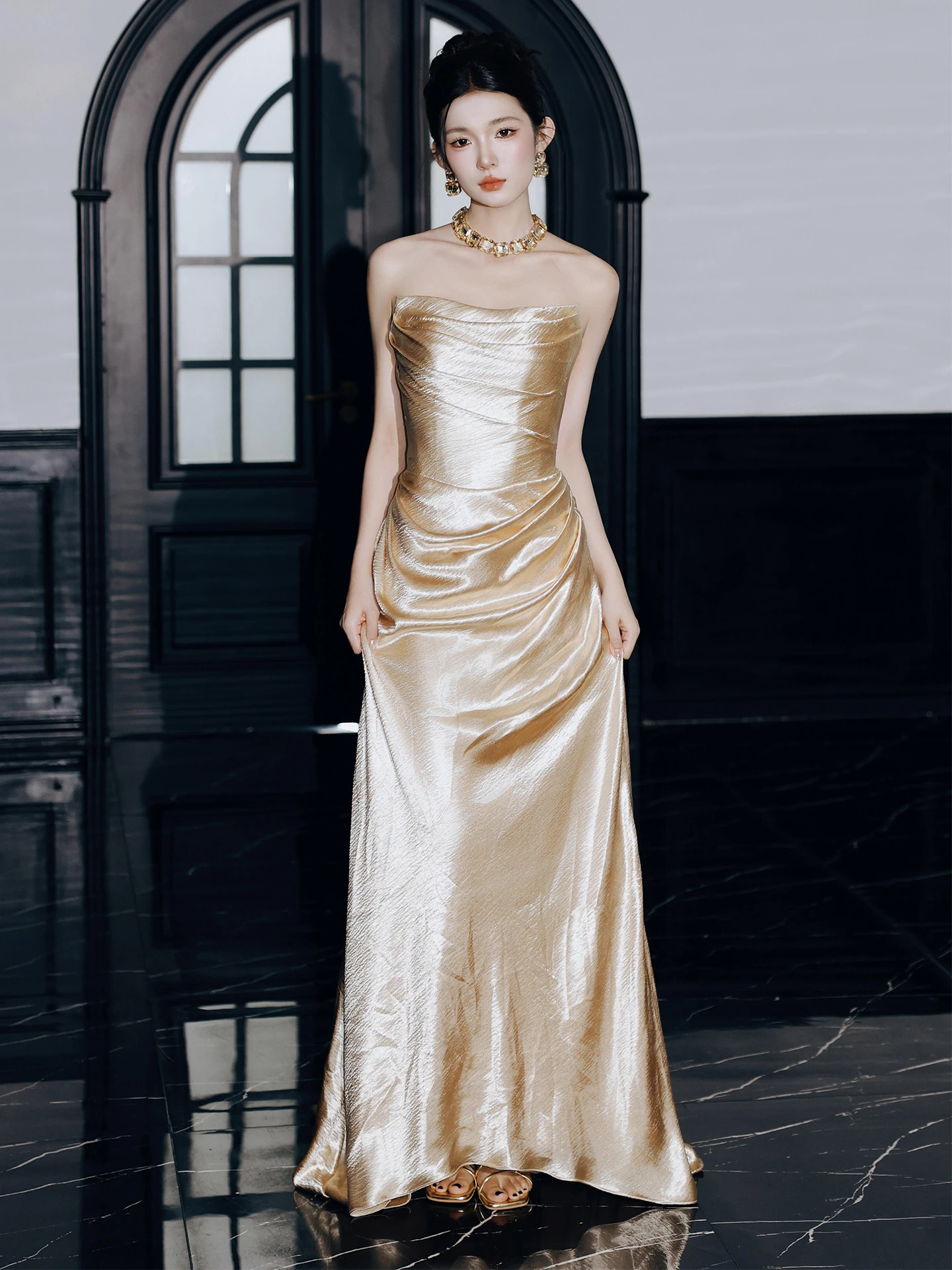 

Элегантное золотое свадебное платье-бюстье, модное вечернее платье с завышенной талией, длинная юбка без рукавов, свадебное платье для женщин