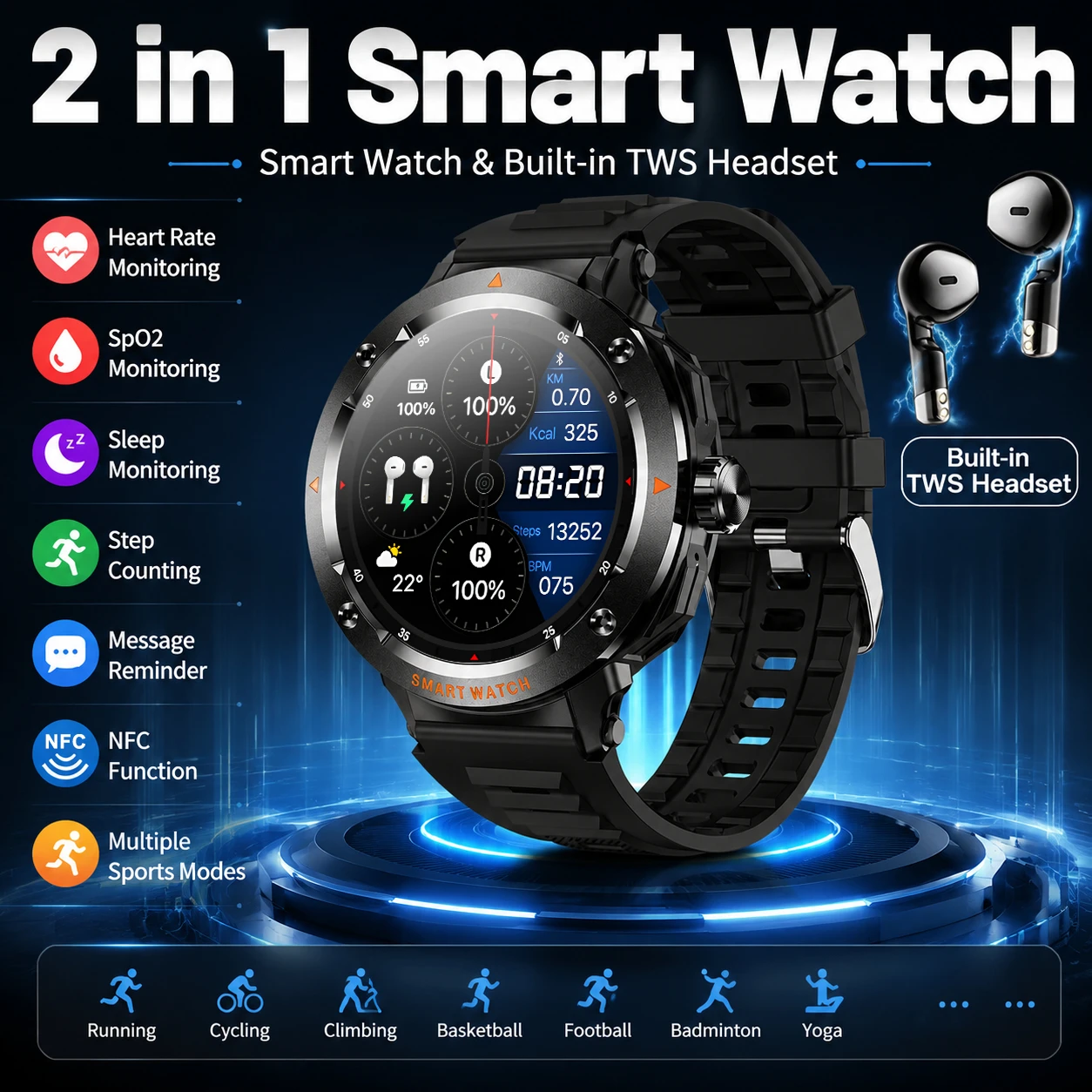 2026 Smart Watch With Built‑in TWS Earbuds NFC Wireless Call Sport Fitness Tracker Health Monitor Smartwatch For Men Android IOS