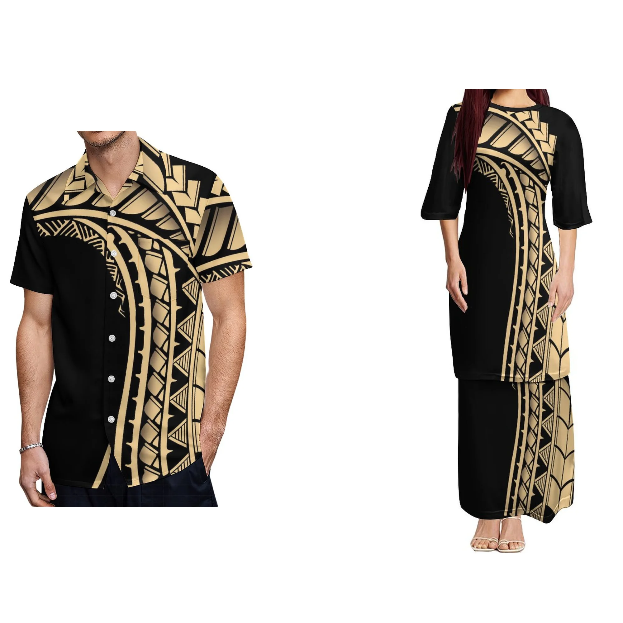 Bedruckte polynesische Stammes-Print Rundhals ausschnitt Samoan Puletasi benutzer definierte Top und Röcke Damen zweiteilige Outfits Set Kleid