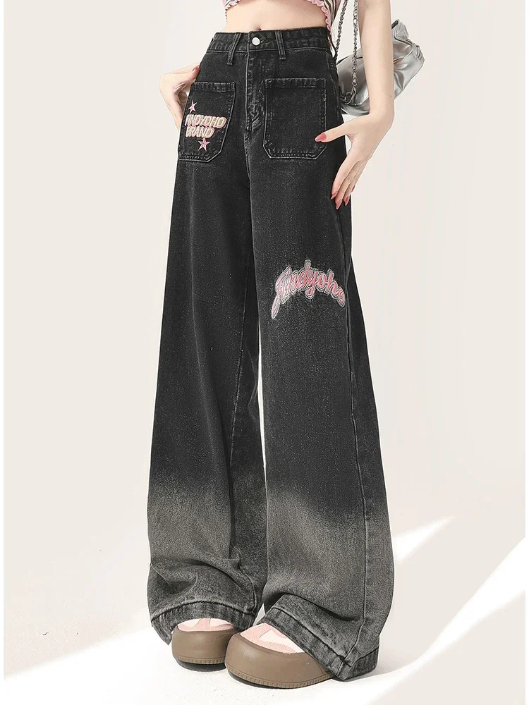

Contrast Color Fashion Printed Vintage Casual Jeans Woman Summer Classic Full Length Casual Simple Street Female Wide Leg Pants