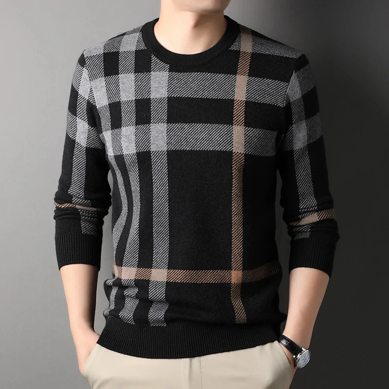 Pullover lavorato a maglia da uomo di lusso di alta qualità Autunno Inverno Maglione di lana a righe con o-collo Maglieria versatile moda casual