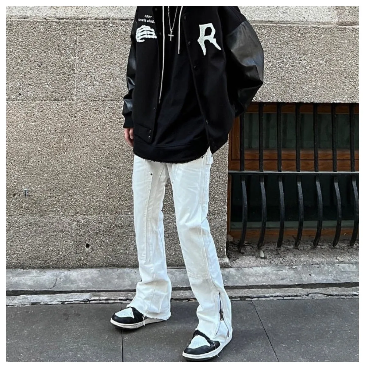 High Street Punk Style Zipper Split Jeans Men's Hip Hop Fashion Brand Loose Straight Barrel American Work Wear Micro Horn Pants