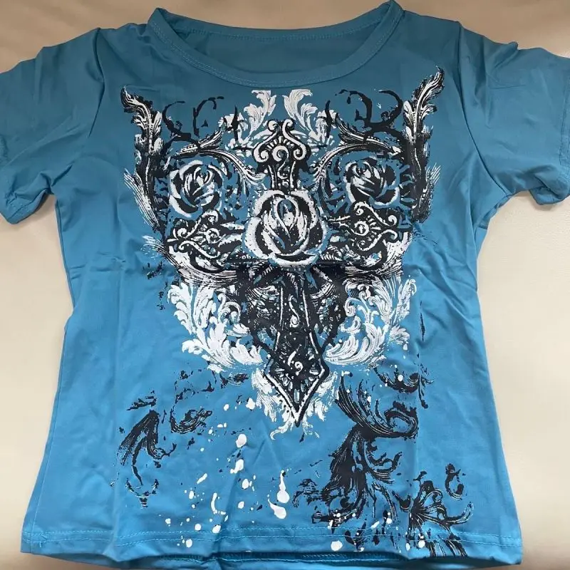 الألفية ثقافة فرعية Y2k القوطية الرجعية Harajuku الأزرق قصيرة الأكمام تي شيرت علوي الصيف شارع العليا موضة تنوعا تي شيرت #3