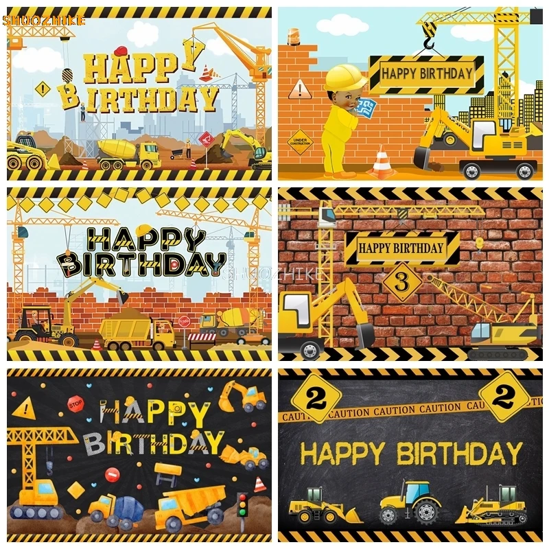 

Construction Team Boys Birthday Party Photography Backdrop Excavator Crane Traffic Truck Builder Baby Shower Photo Background