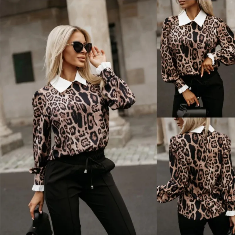 Women\'s Casual Blouses Spring Autumn New Fashion Fake Two Piece Leopard Print Long Sleeve Shirt For Women Elegant Pullover Tops