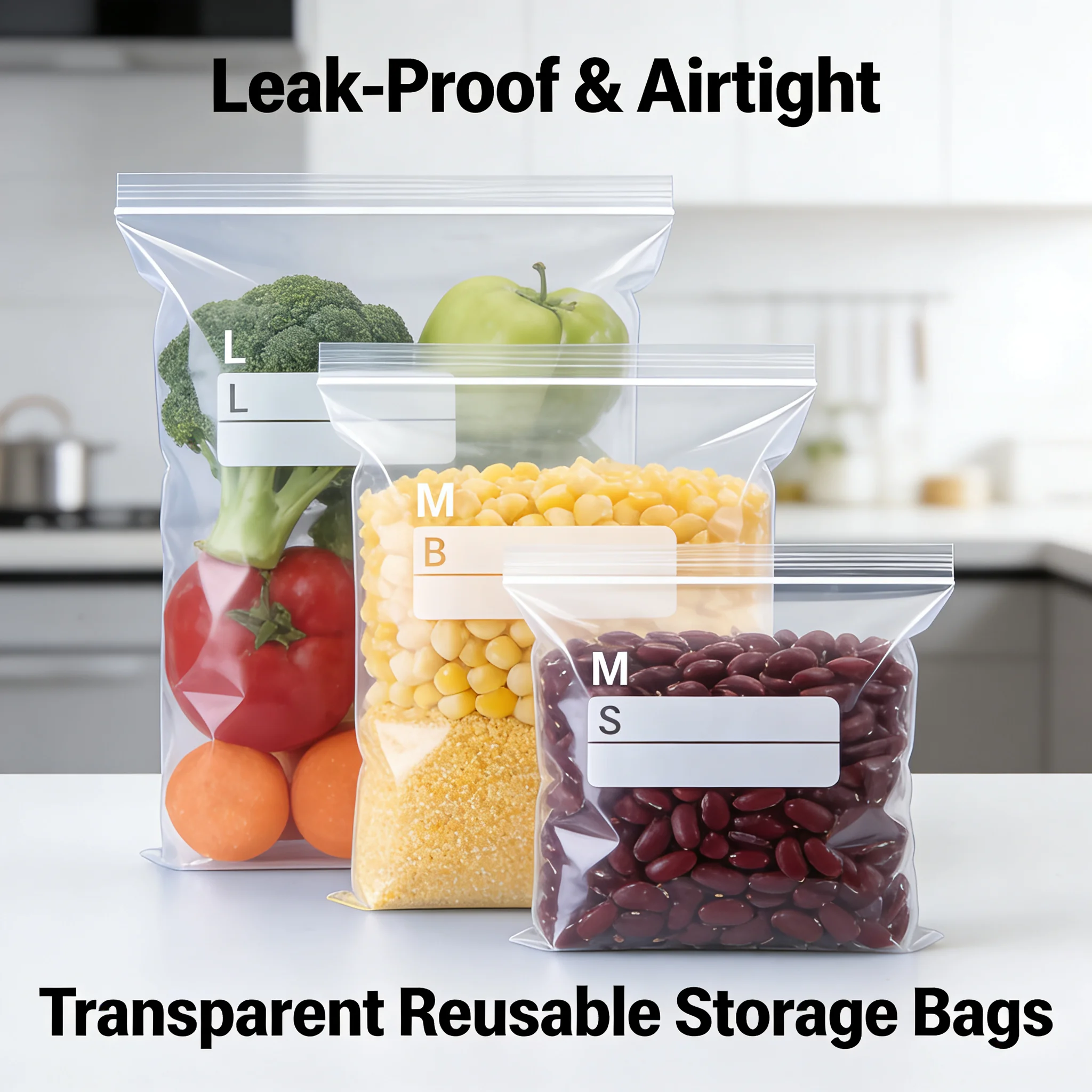 3 Size Reusable Storage Bags Transparent Leak Proof Freezer Bags Airtight Seal for Food Fruit Veggie Storage