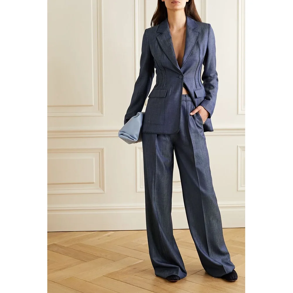 Denim Blue Single Button Notched New Female 2 Pieces (Blazer+Trousers) Office Lady Formal Evening Party Sets Customized Set