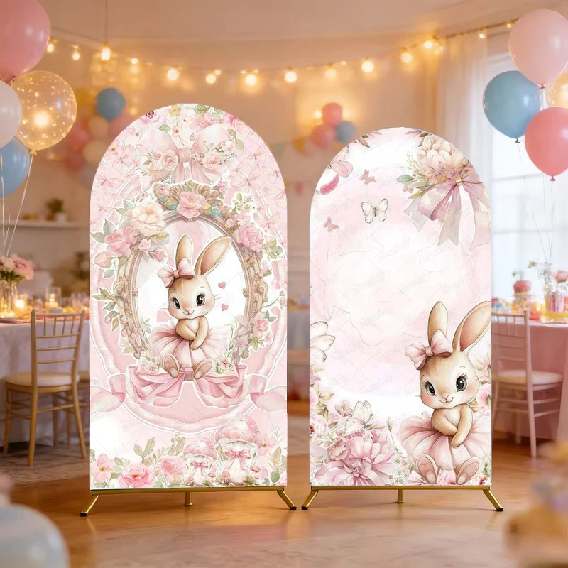 Housse de fond de scène arqué motif lapin et nœud floral rose pour fête d'anniversaire de fille, décoration de fête romantique, accessoires de photographie