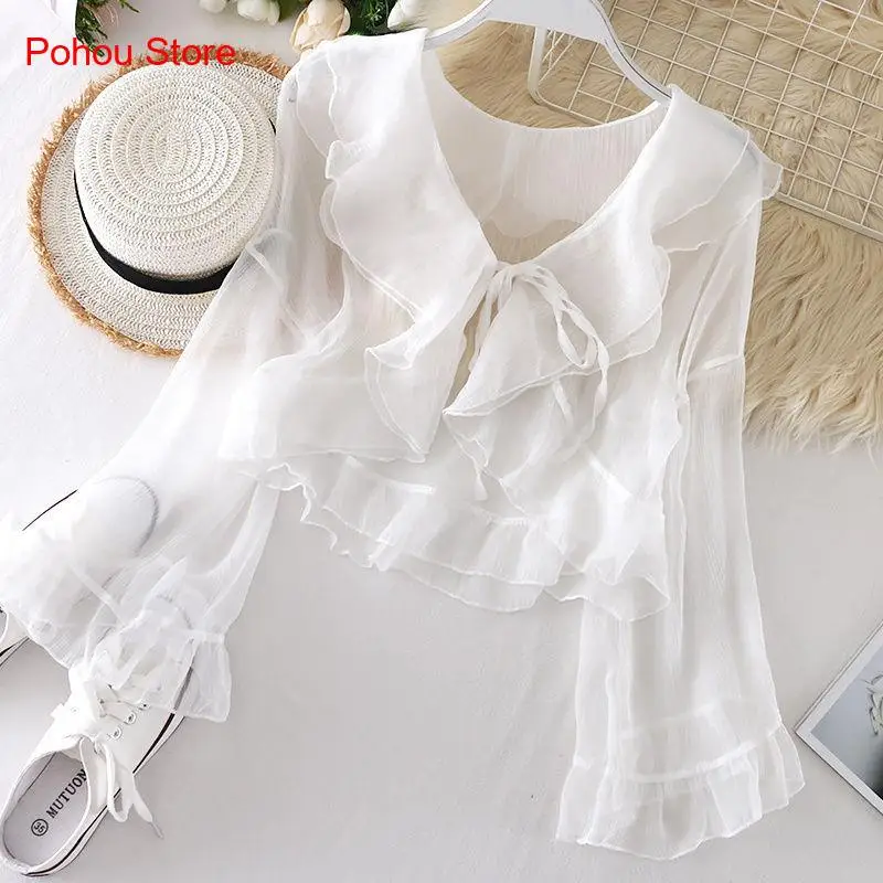 Summer Flared Sleeves with Ruffled Edges Short Sun Protection Shirt with A Small Shawl