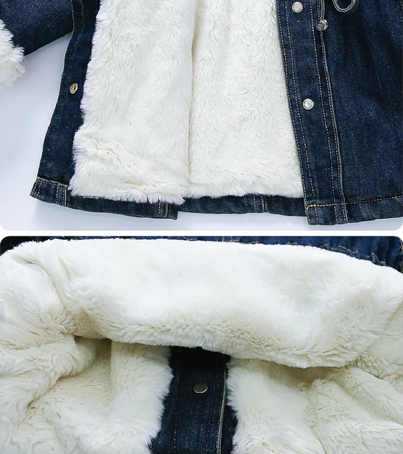 Winter Girls Padded Denim Coats Children Thicken Plush Cowboys Jackets Kids Cotton Clothing Fashion Parka Outerwear 2-8 Years