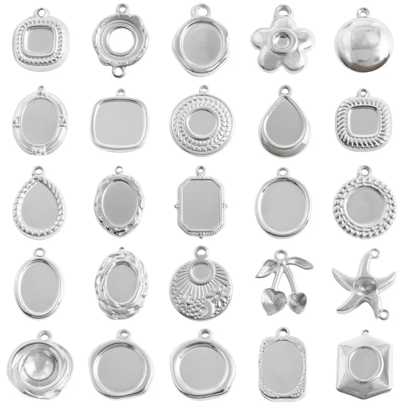 5pcs No Fade Metal Blank Settings Round Square Water Droplet Cabochon Pendant Stainless Steel Charm Pendants For Jewelry Making