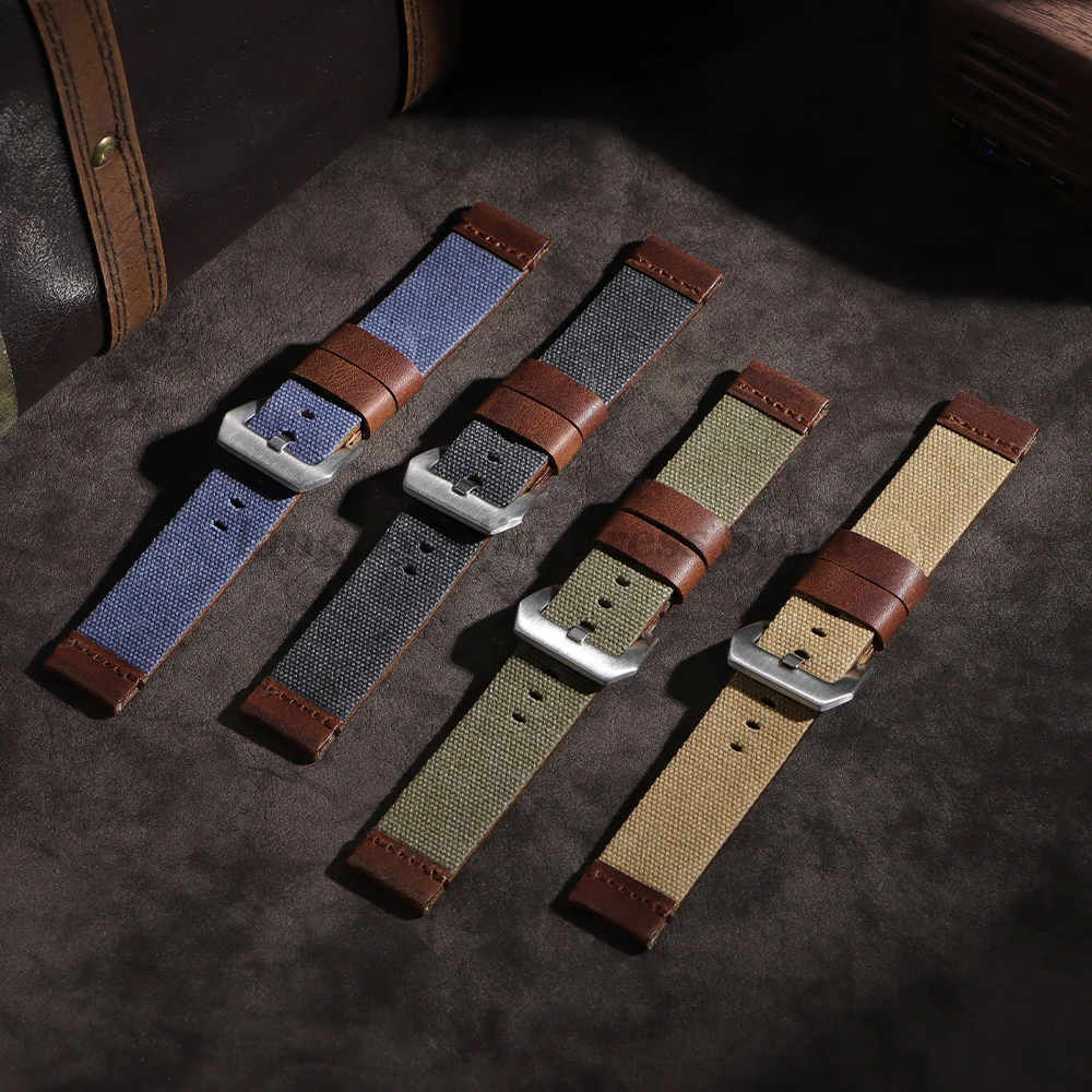 Холщовый кожаный ремешок ручной работы 20 мм 22 мм 24 мм для Panerai для Omega Army Green Мужчины Женщины Часы Браслет Военный ремешок для часов