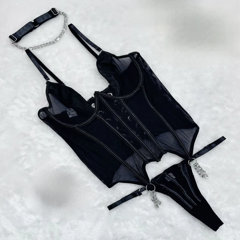 Bikini fashion sexy see-through mesh fishbone strap shapewear lingerie set swimsuit