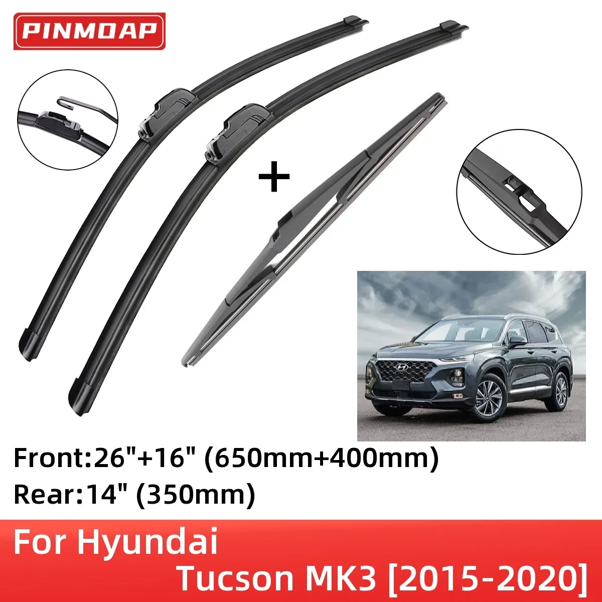 For Hyundai Tucson MK3 2015-2020 Front Rear Wiper Blades Brushes Cutter Accessories J Hook 2015 2016 2017 2018 2019 2020