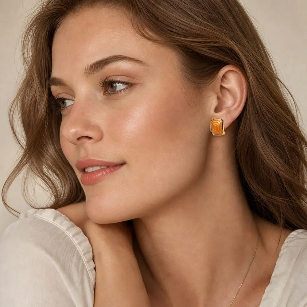 5 Pair French Retro Women Stud Earrings Curved C Shape Square Stud Earrings Silver Needle Multi Color Enamel Geometric Earrings