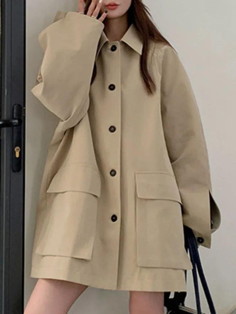 ZMEENNA ベージュ ミッドレングス ジャケット 女性用 ノッチカラー ボタン留め スタイリッシュ アウター フラップポケット ZM4142