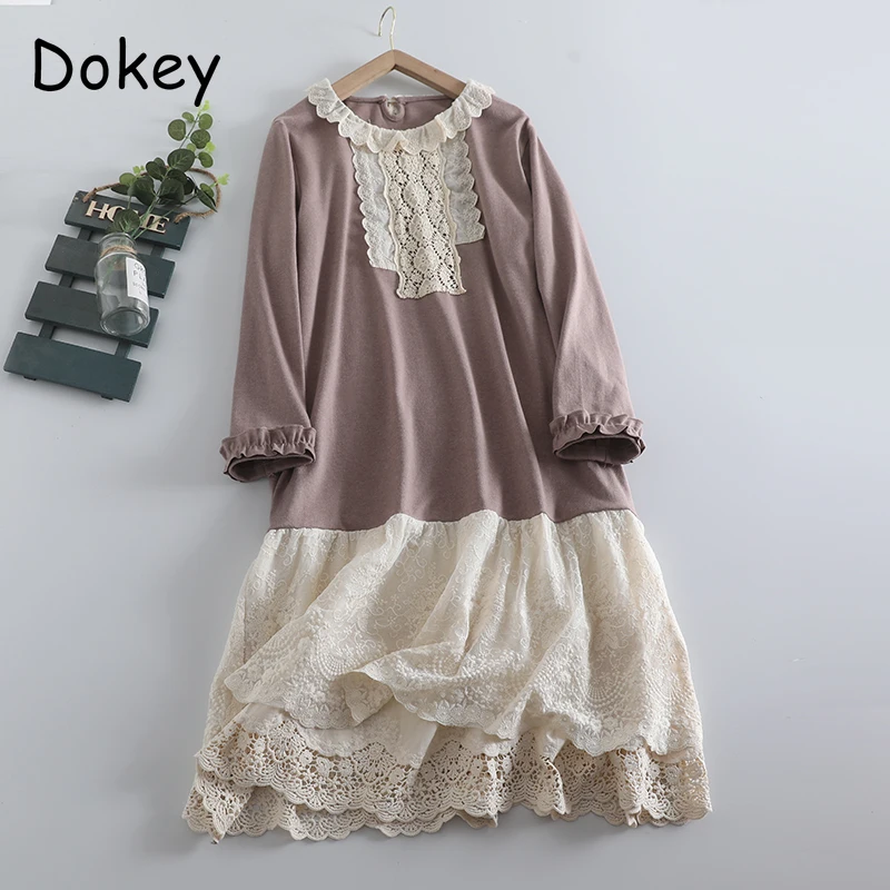 

Vintage Embroidery Lace Patchwork Long Dress Women Spring Mori Girl O-Neck Long Sleeve Loose Pullover Dress Casual Robe Vestido