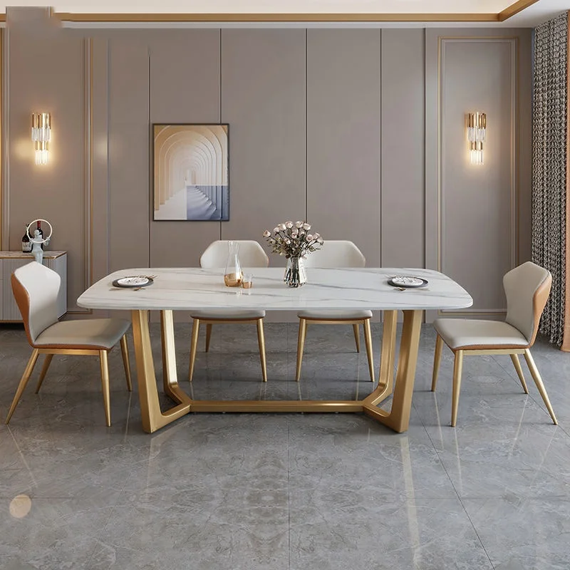 Qiaotai Furniture Modern Dining Table Stainless Steel Gold Frame Dining Room Furniture Slate Table Top Dining Table Set