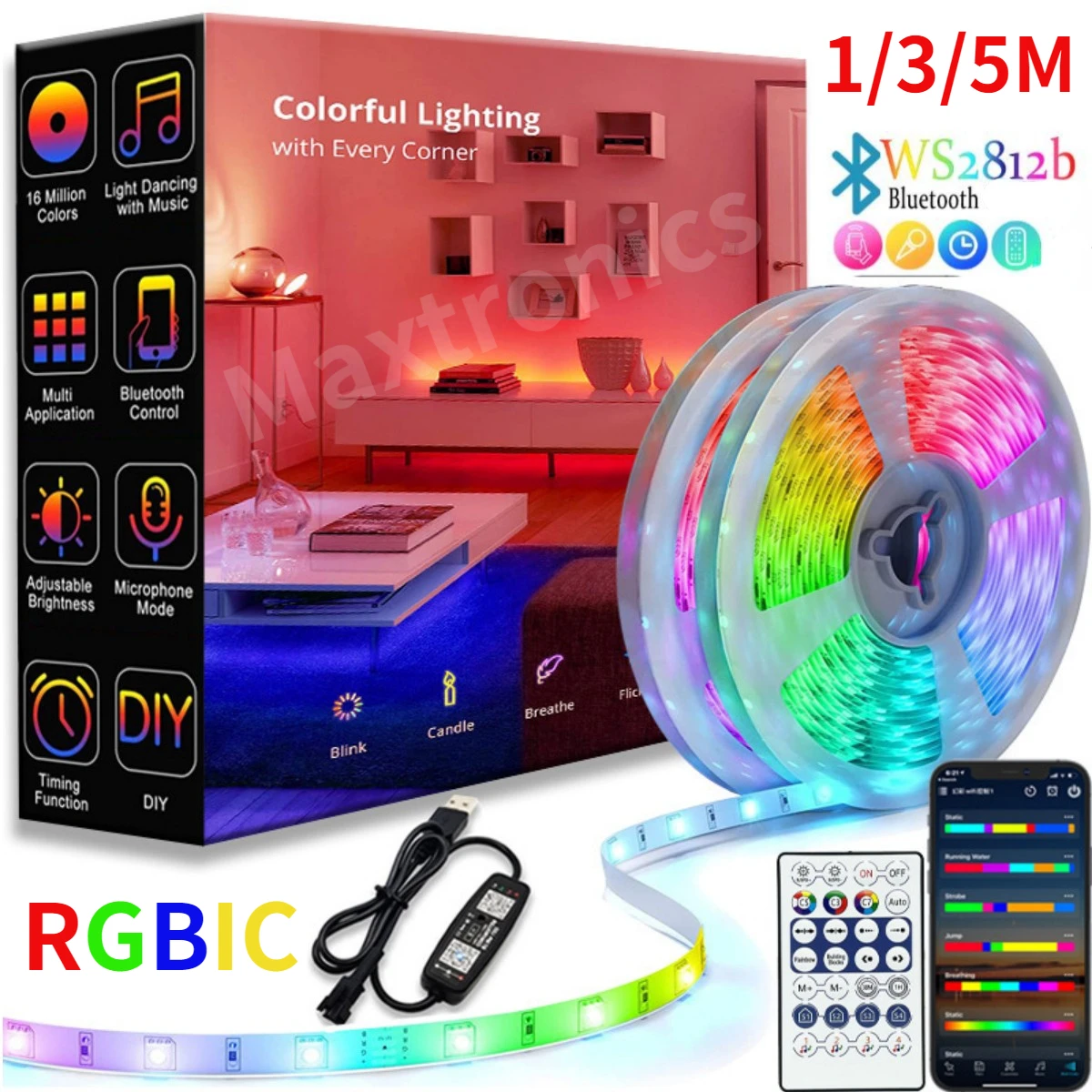 

RGBIC WS2812B LED Strip Light Kit 18LED/M or 28Key RF Wireless Remote Controller Set Bluetooth Control DC5V for Home Party Decor