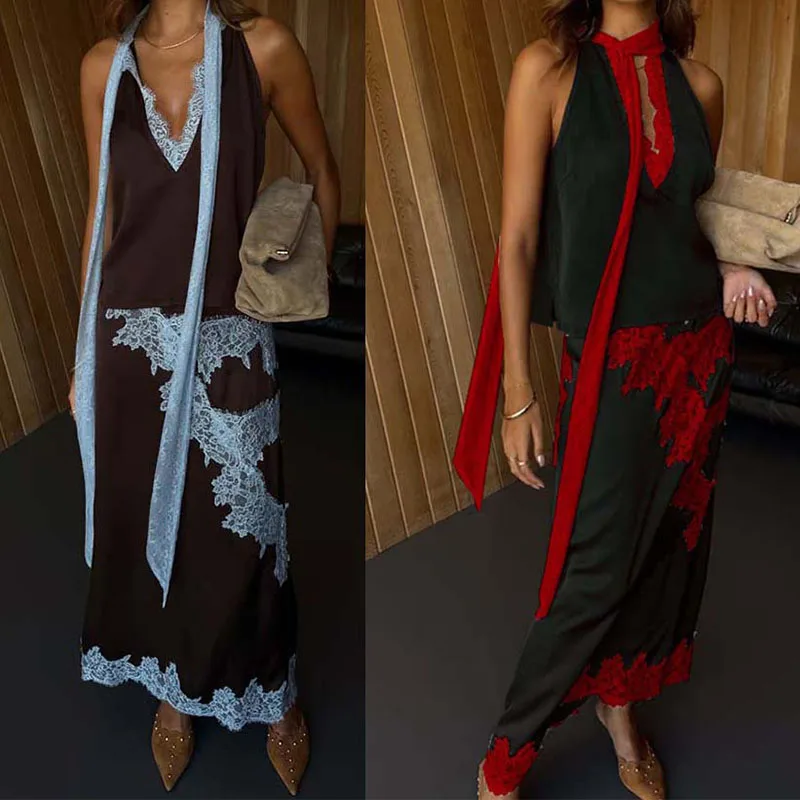 مثير الدانتيل والتطريز الربط تنورة الزي أنيقة الخامس الرقبة الدانتيل متابعة القمم وتنورة طويلة المرأة دعوى عادية أكمام الصلبة الساتان مجموعة #2