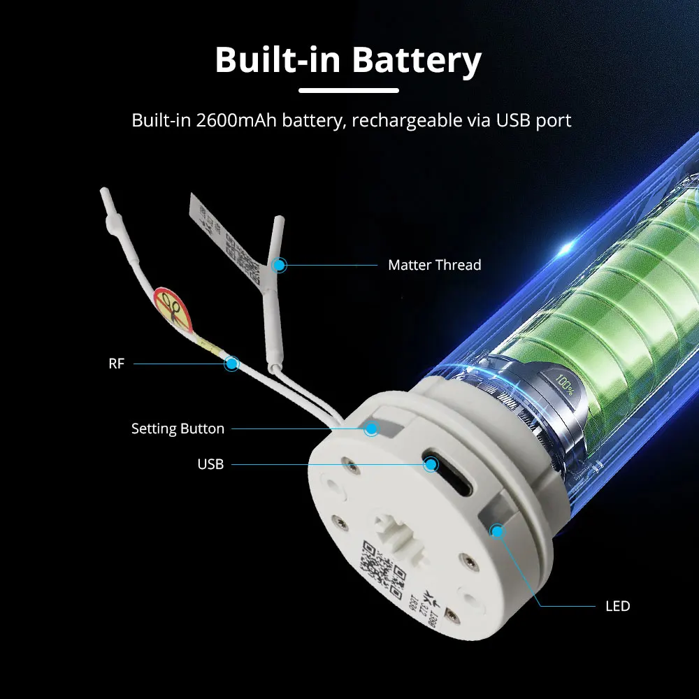 Zemismart Matter Over Thread Smart Curtain Roller Motor Built in Battery 38MM Tube Homekit Google Home SmartThings APP Control