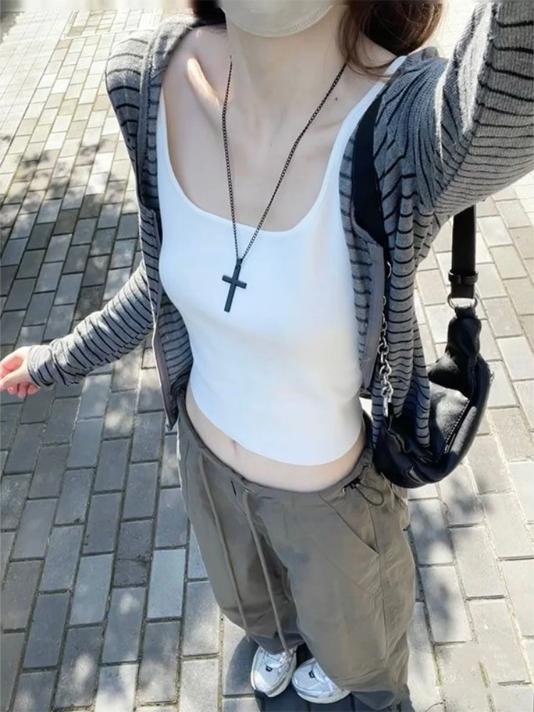 Deeptown Gray Striped Women Zipper Hoodies Long Sleeve Korean Fashion Pocket Hooded Sweatshirts Slim Lightweight Commute Autumn