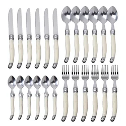 Jaswehome 24Pcs Stainless Steel Laguiole Cutlery Set Steak Knife Fork Spoon Set White Handle Restaurant Bar Kitchen Tableware