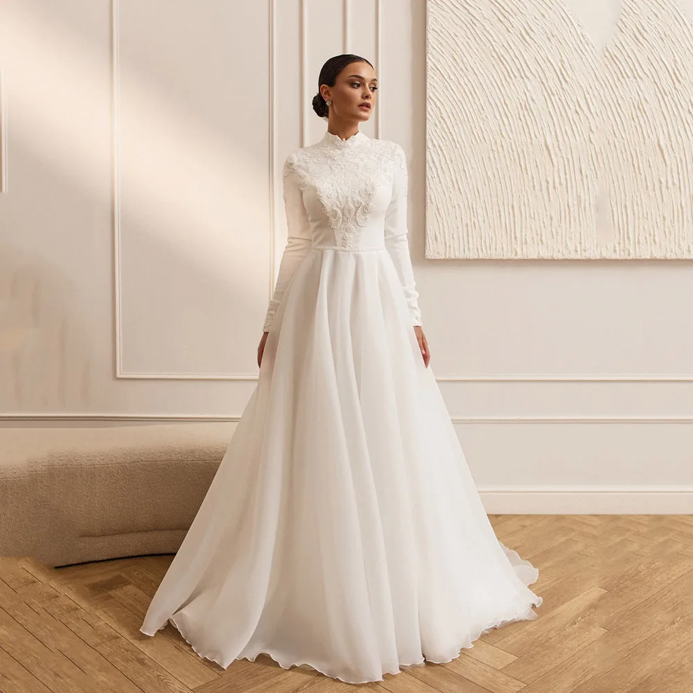 Beaded Applique Wedding Dress 2026 Customized High Neck Long Sleeves Beading Applique A Line Organza Skirt Muslim Bridal Gown