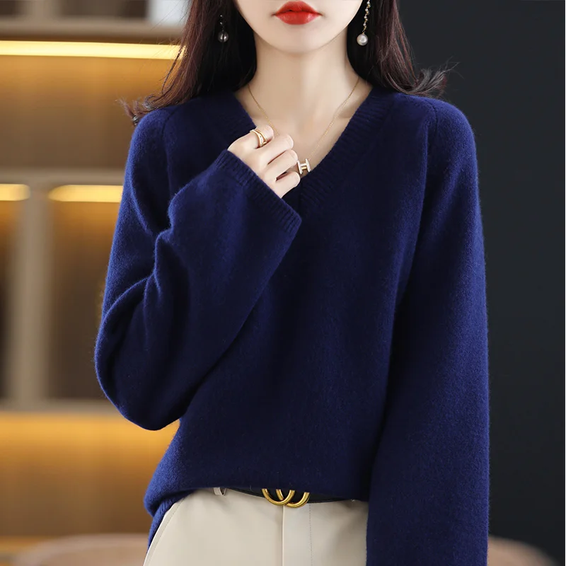 2023 Autumn And Winter New Solid Color V-Neck 100% Pure Wool Sweater Women\'s Loose Knitted Bottoming Long-Sleeved Sweater JQ143